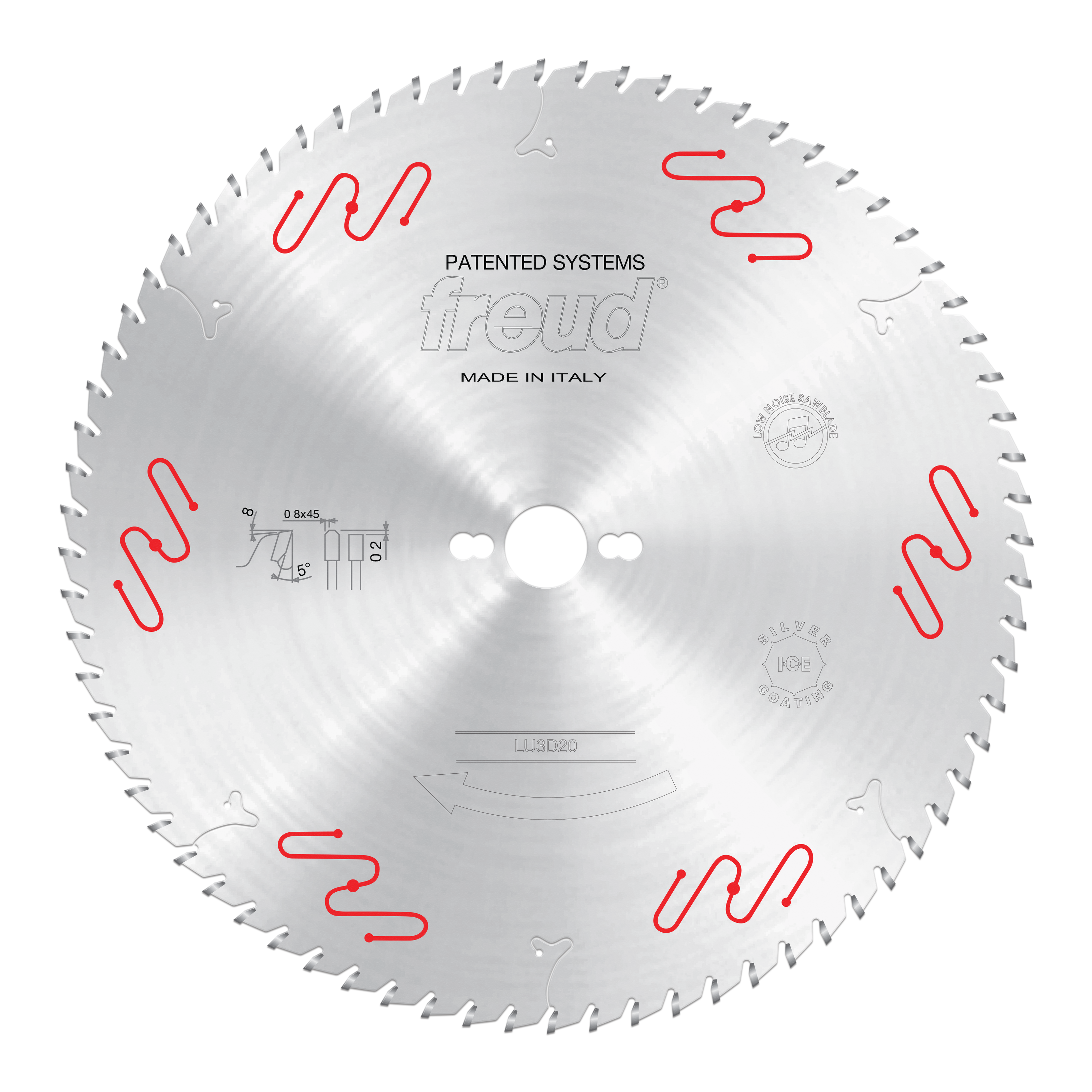 Circular saw blade with 350mm diameter, silver-grey finish, red wavy markings around edge, center hole, and teeth around peri