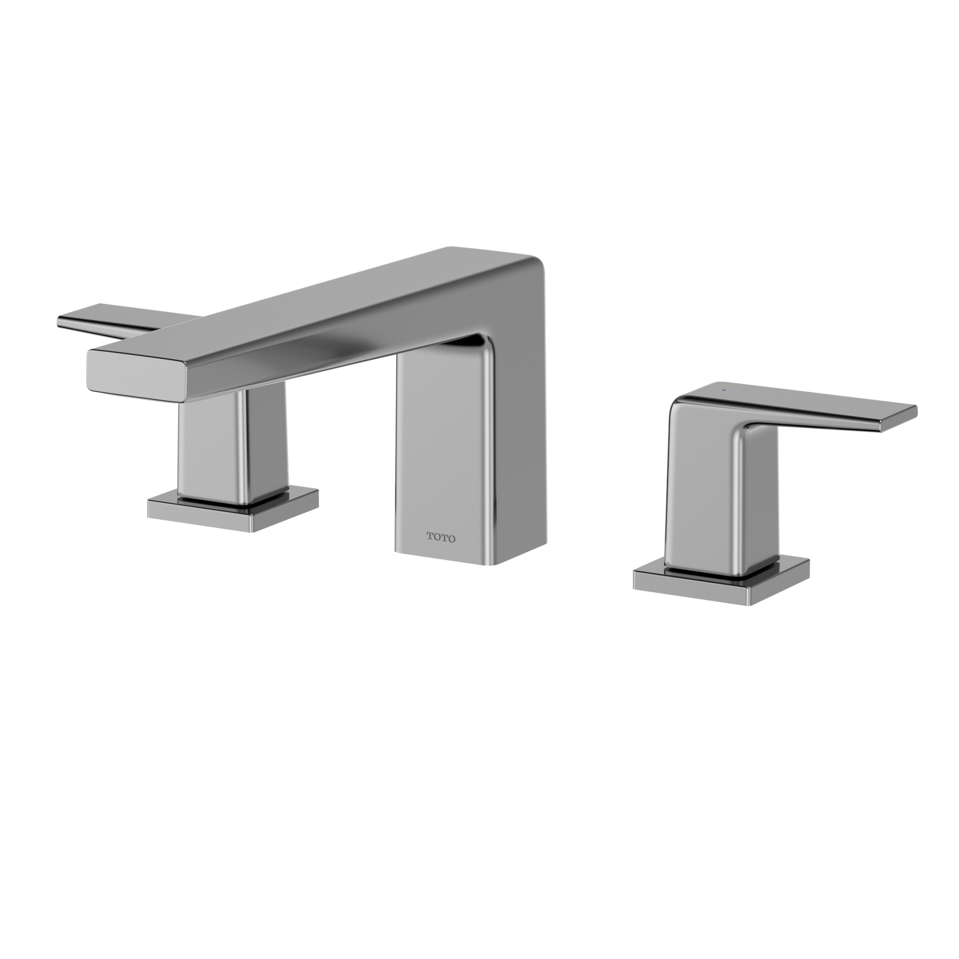 Polished chrome two-handle deck-mount roman tub filler with curved spout and rectangular lever handles.