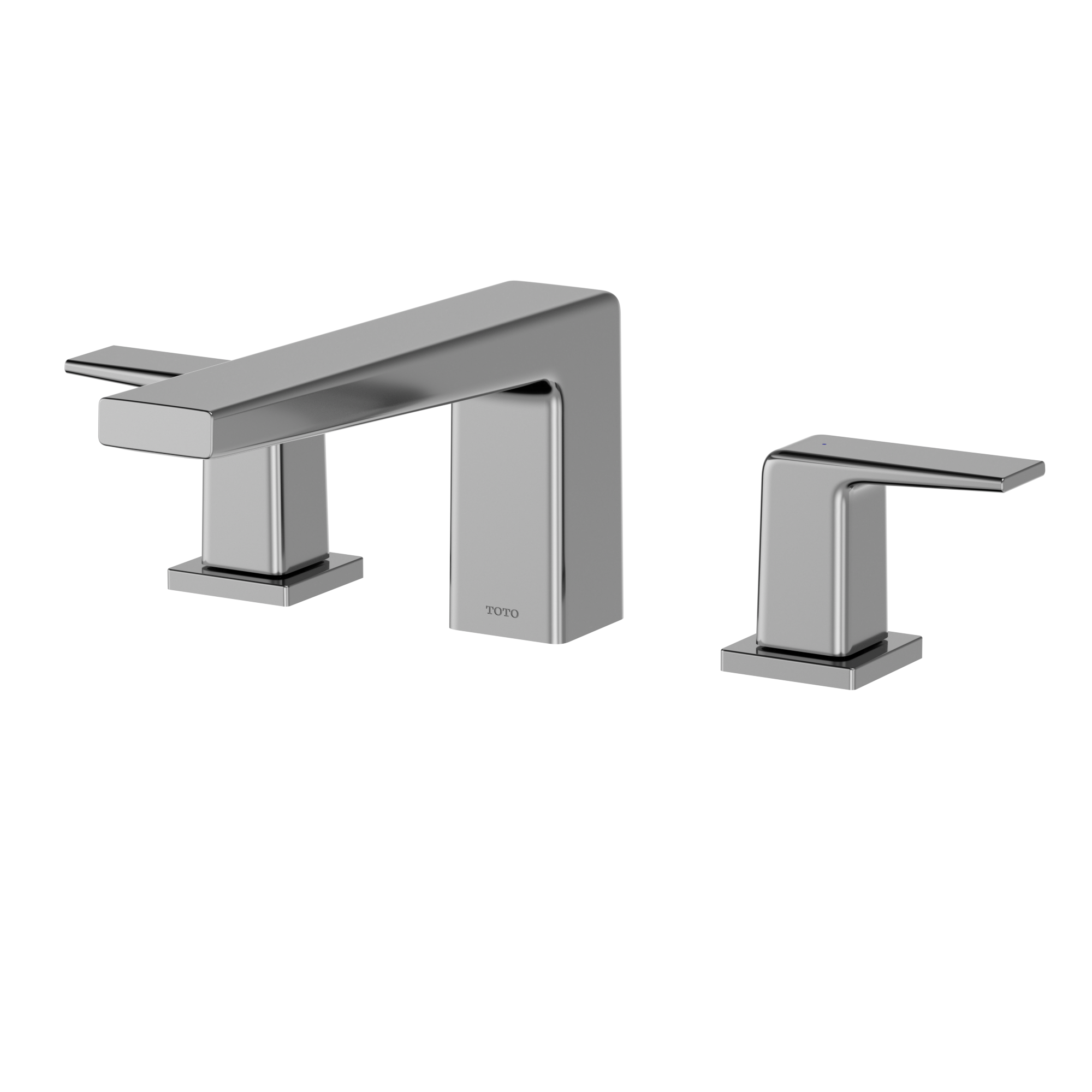 Polished chrome two-handle deck-mount roman tub filler with curved spout and rectangular lever handles.