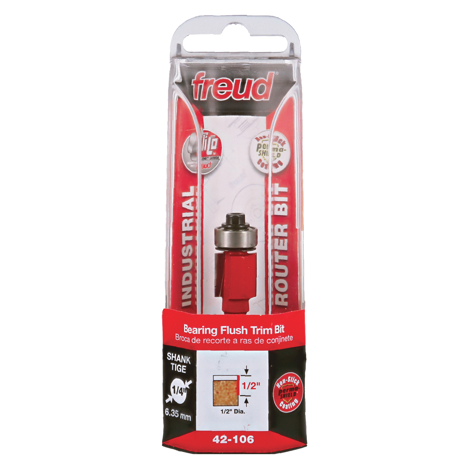 Freud bearing flush trim bit with 1/2" diameter in red and silver packaging with 1/8" shank.