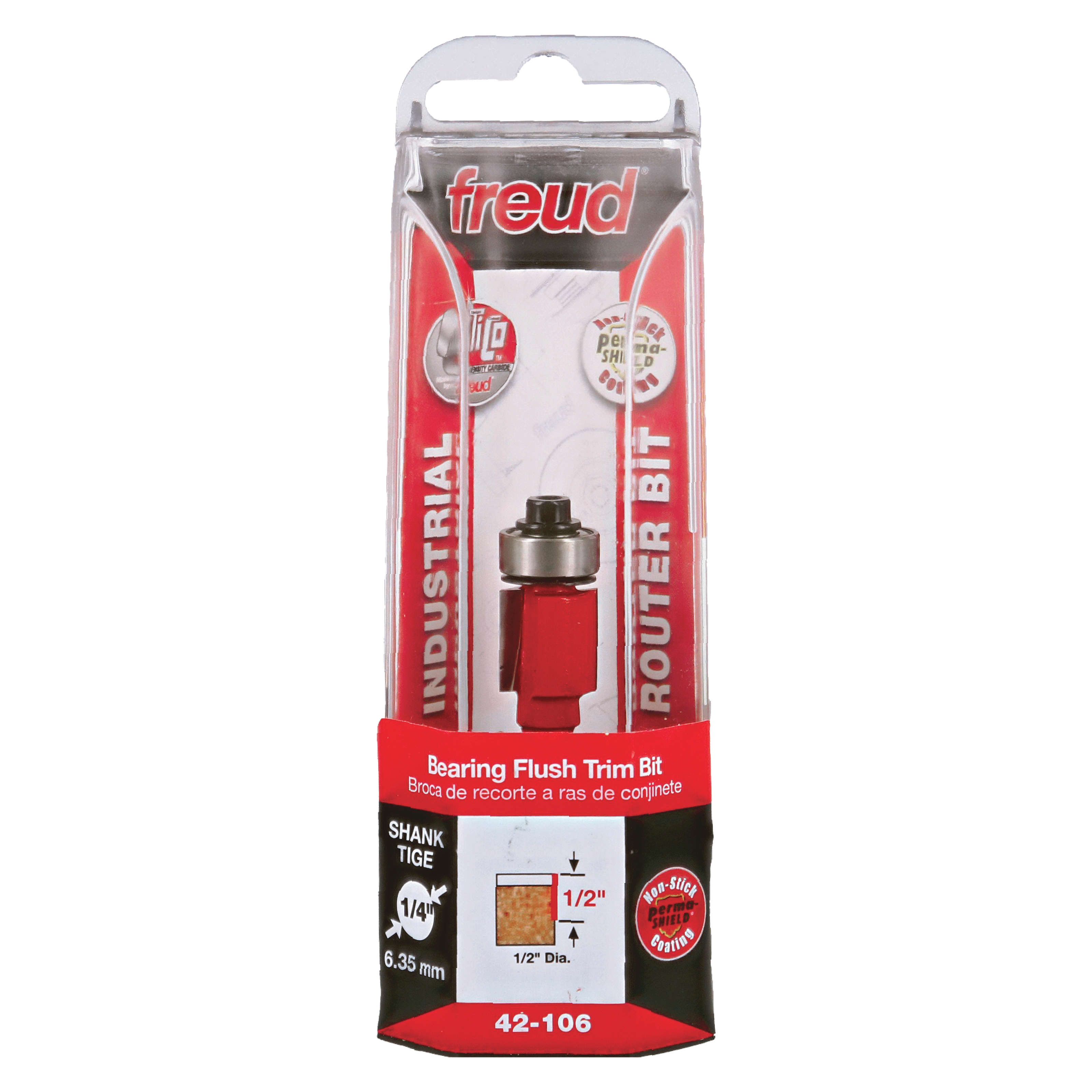 Freud bearing flush trim bit with 1/2" diameter in red and silver packaging with 1/8" shank.