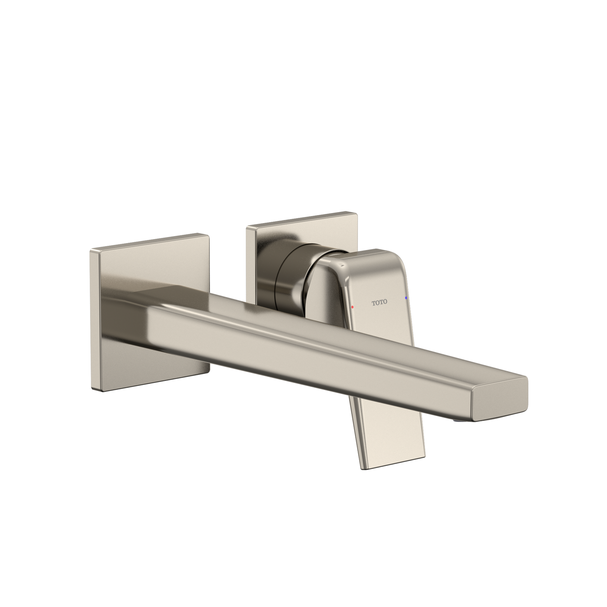 Polished nickel wall-mount bathroom faucet with single handle and extended spout.