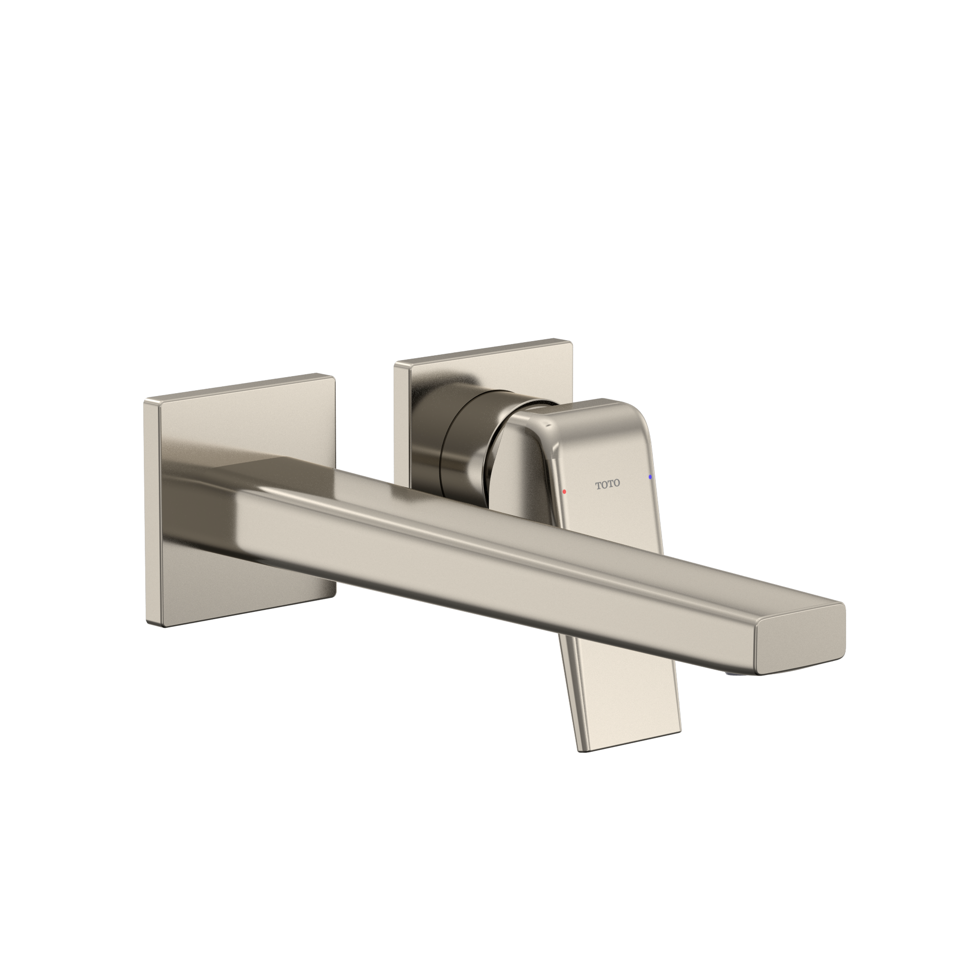 Polished nickel wall-mount bathroom faucet with single handle and extended spout.