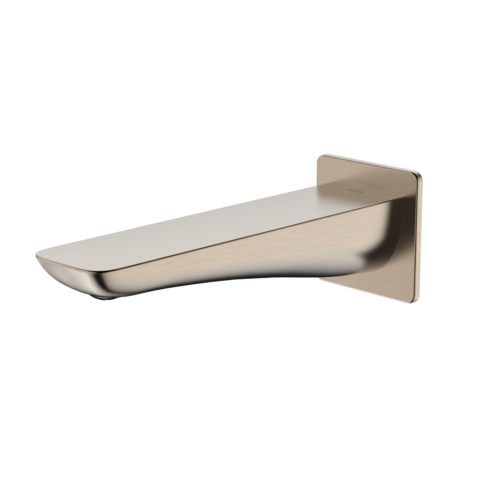 Brushed nickel wall-mounted tub spout with angled rectangular spout extending from square mounting plate.
