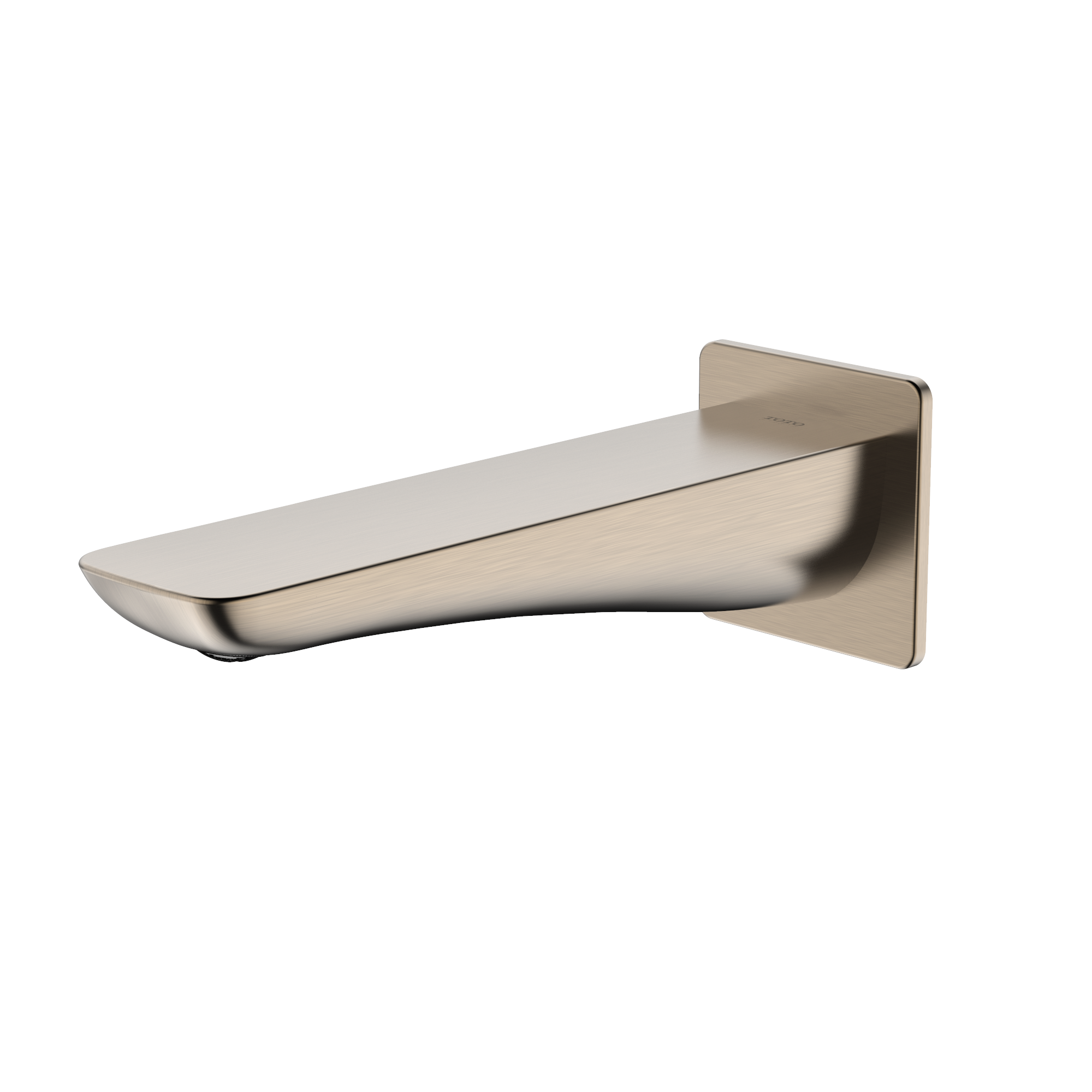 Brushed nickel wall-mounted tub spout with angled rectangular spout extending from square mounting plate.