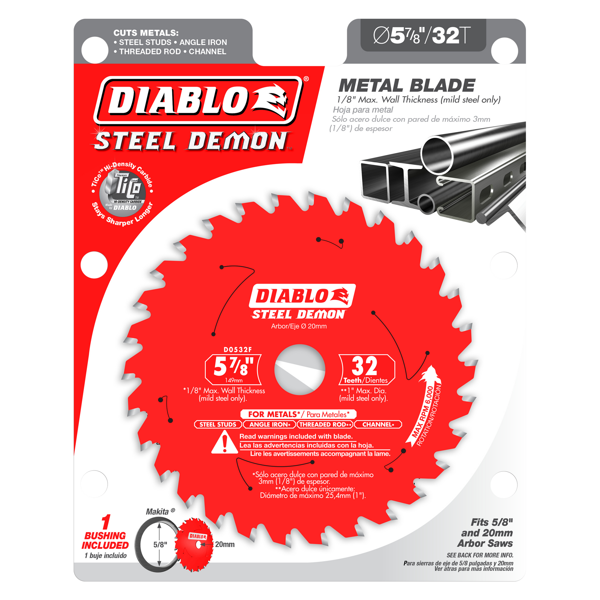 Diablo Steel Demon 5-7/8 inch 32-tooth carbide-tipped saw blade for metal cutting, red disc with silver teeth.