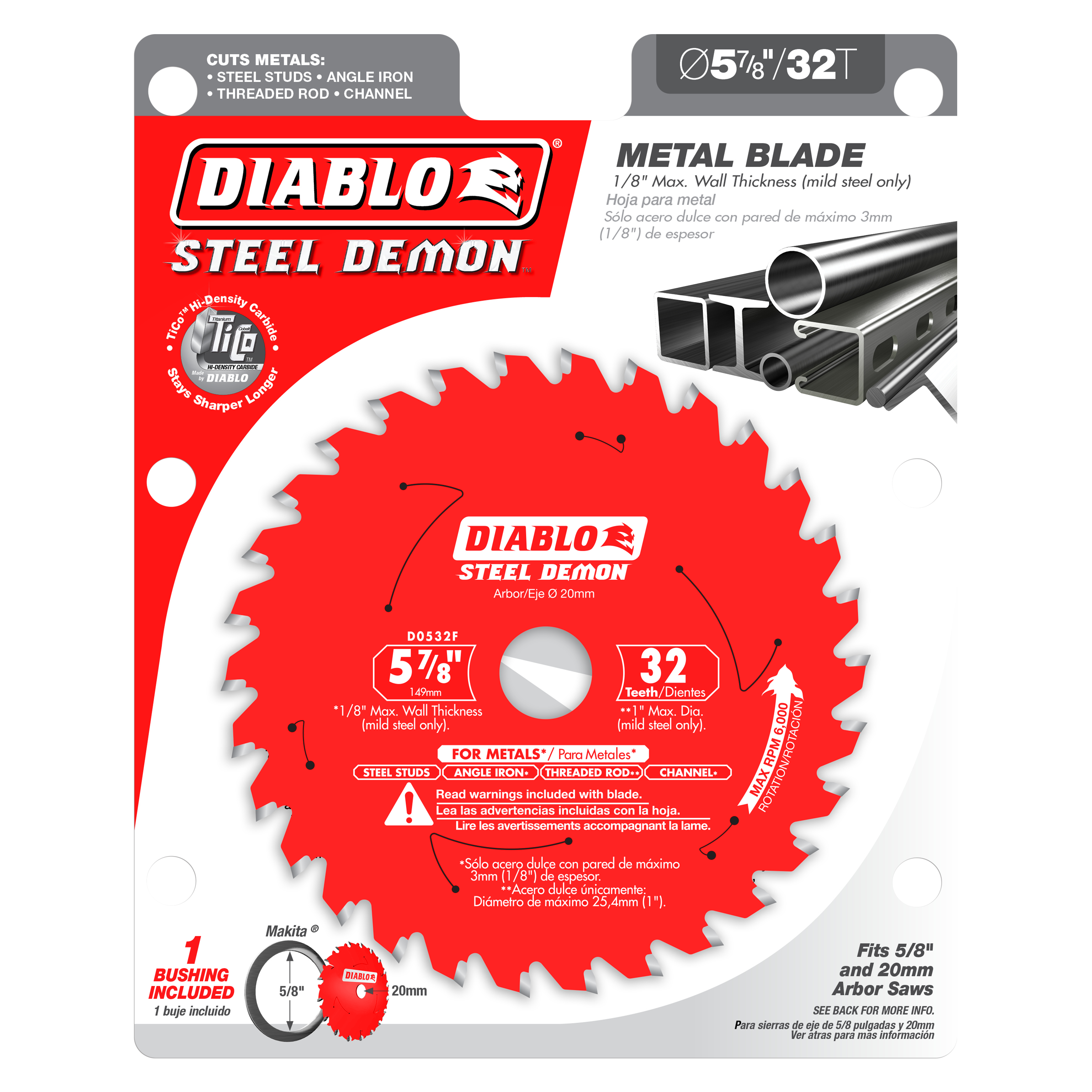 Diablo Steel Demon 5-7/8 inch 32-tooth carbide-tipped saw blade for metal cutting, red disc with silver teeth.