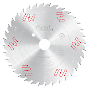 Circular saw blade with silver-gray teeth and white center bore, featuring red cooling slot diagrams and Freud branding.