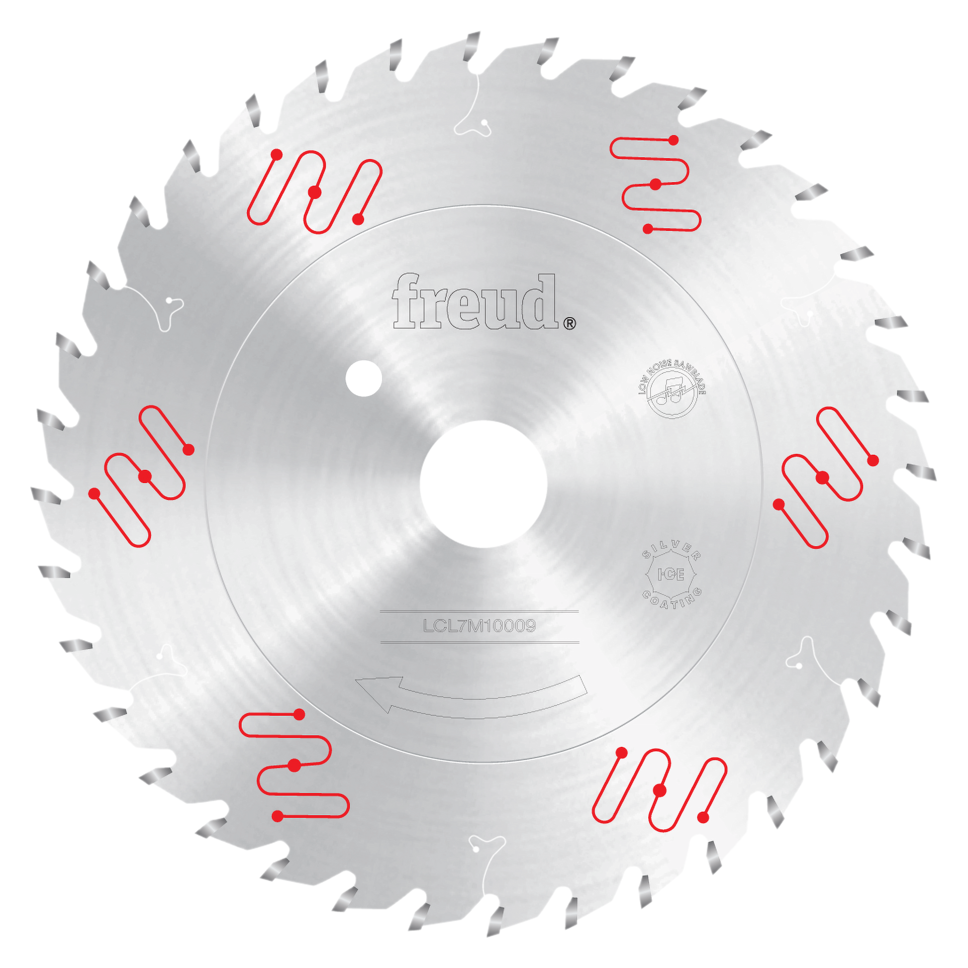 Circular saw blade with silver-gray teeth and white center bore, featuring red cooling slot diagrams and Freud branding.