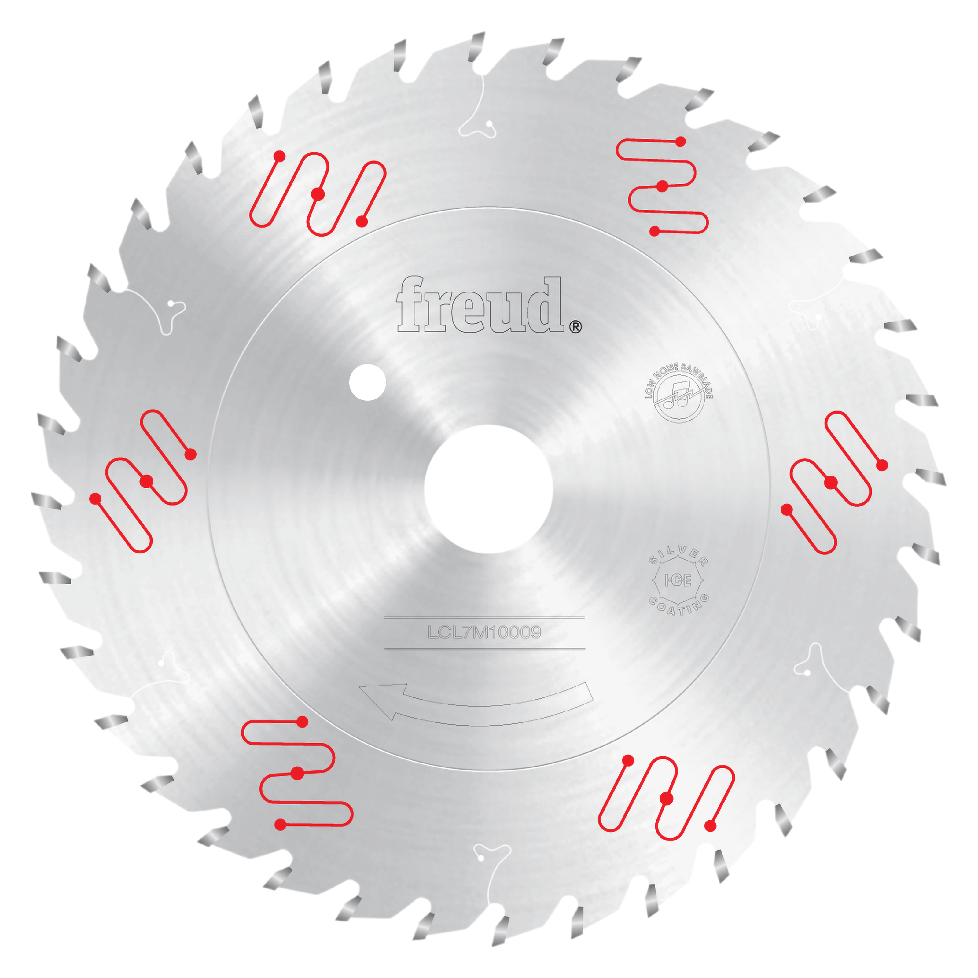 Circular saw blade with silver-gray teeth and white center bore, featuring red cooling slot diagrams and Freud branding.