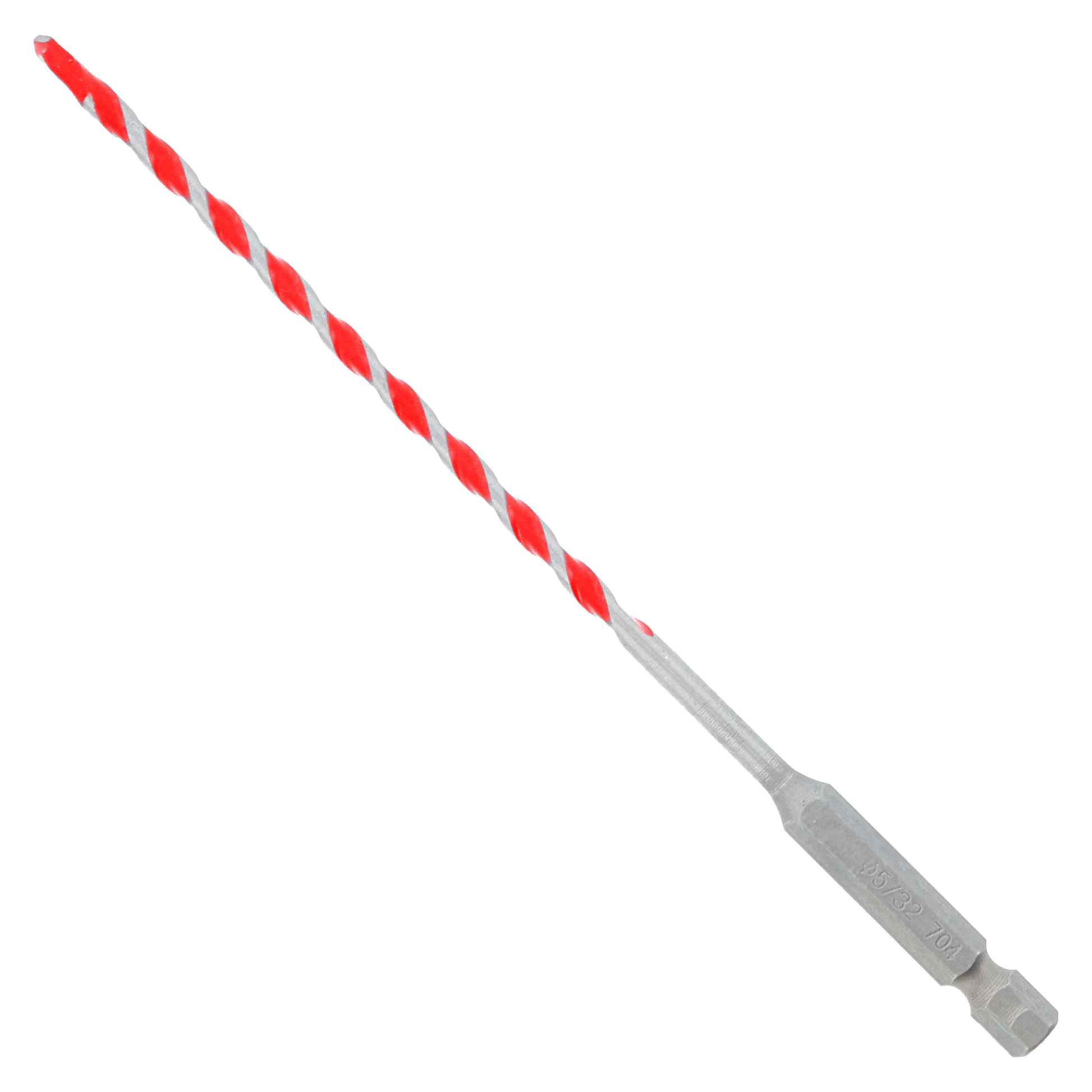 Red and gray carbide-tipped hammer drill bit with spiral flutes and hex shank.