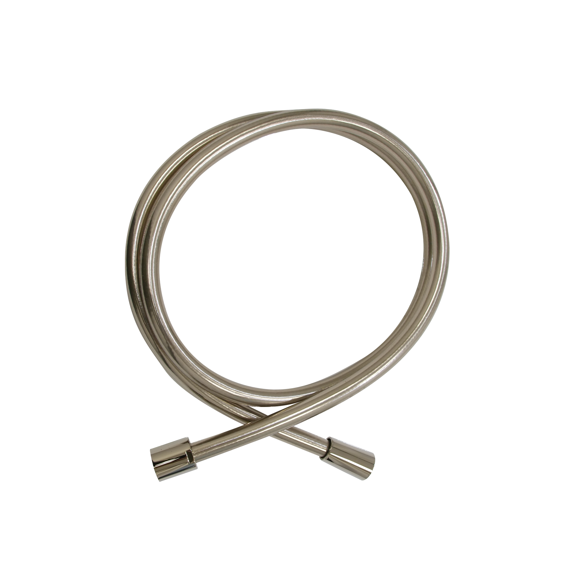 Polished nickel PVC hose coiled with threaded connectors at both ends.