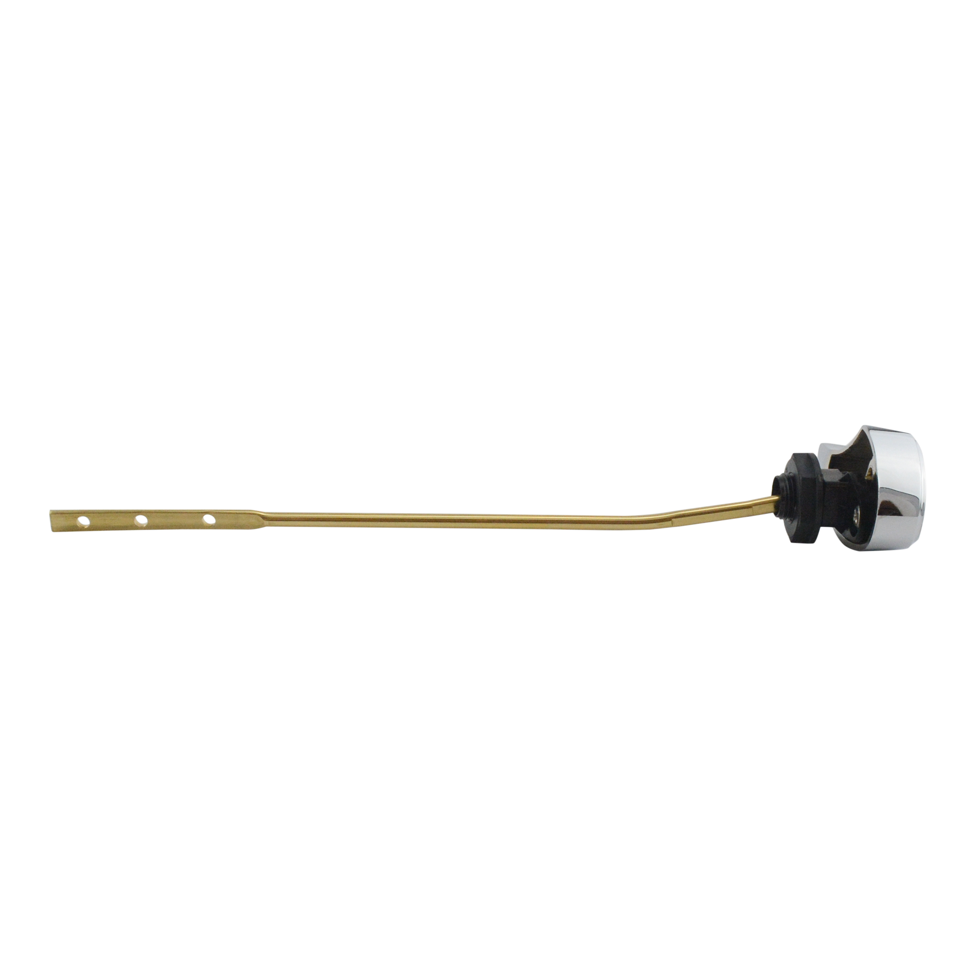 Polished chrome toilet trip lever with brass rod and black connector mechanism.