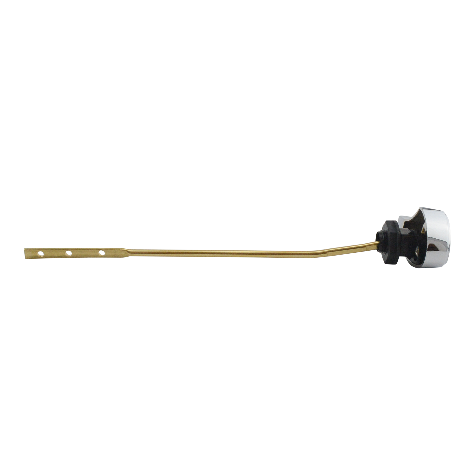Polished chrome toilet trip lever with brass rod and black connector mechanism.