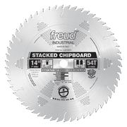 14-inch Freud stacked chipboard saw blade with 54 teeth and 1-inch arbor, made in Italy.
