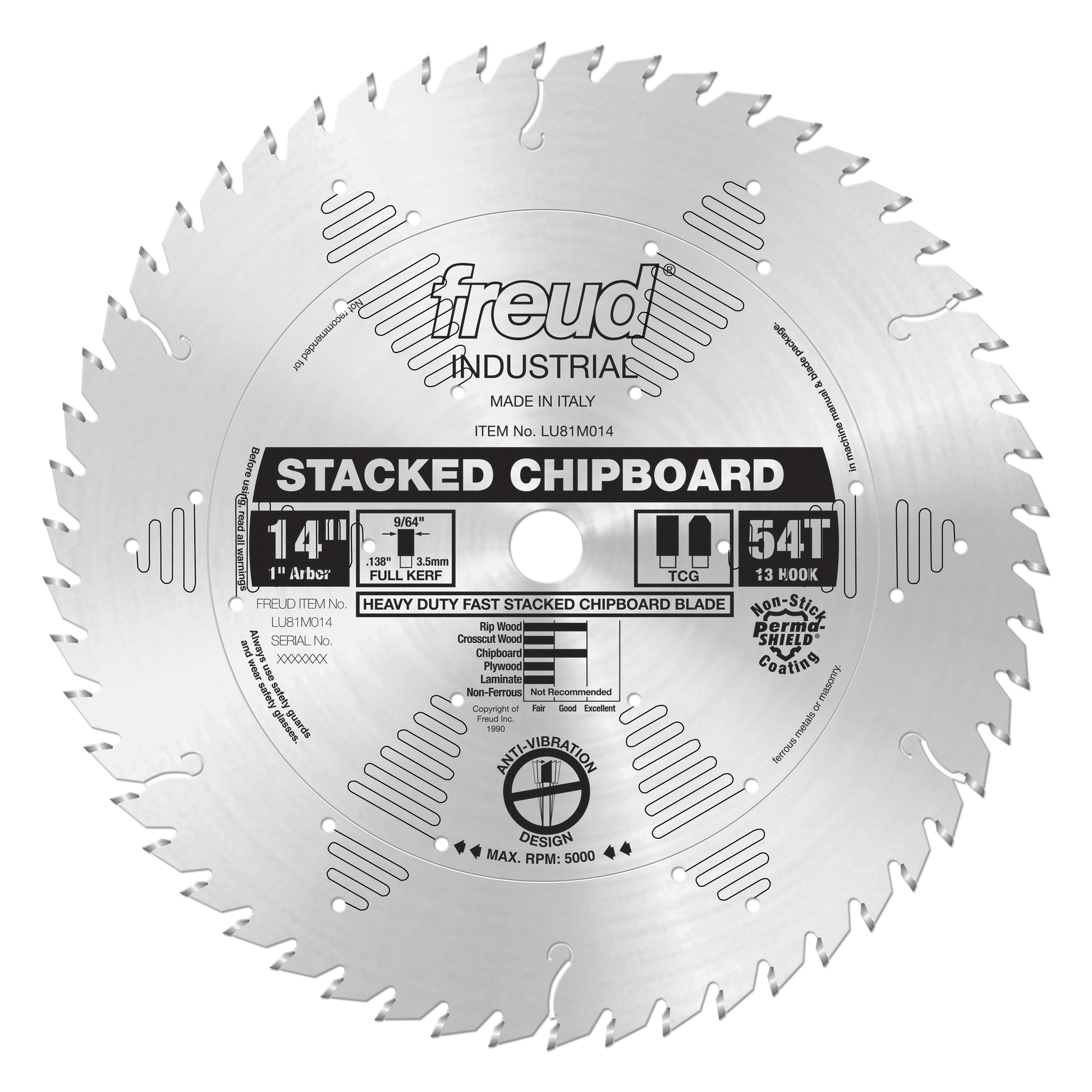 14-inch Freud stacked chipboard saw blade with 54 teeth and 1-inch arbor, made in Italy.