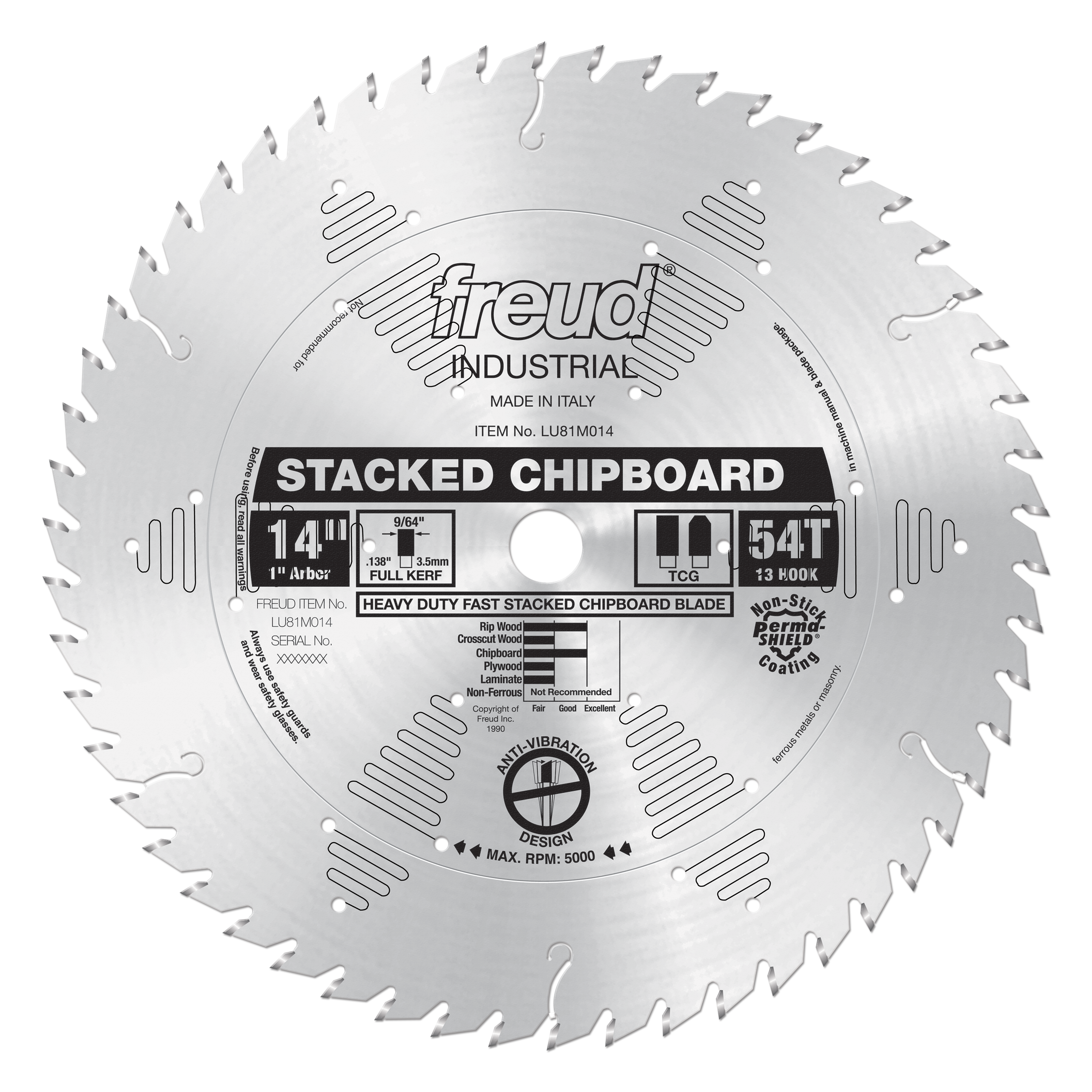 14-inch Freud stacked chipboard saw blade with 54 teeth and 1-inch arbor, made in Italy.
