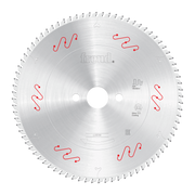 Circular saw blade with silver finish, small teeth around perimeter, central arbor hole, and red wavy pattern markings.