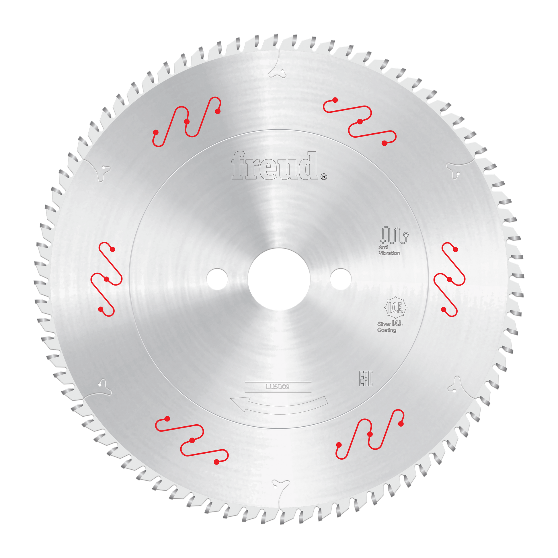 Circular saw blade with silver finish, small teeth around perimeter, central arbor hole, and red wavy pattern markings.