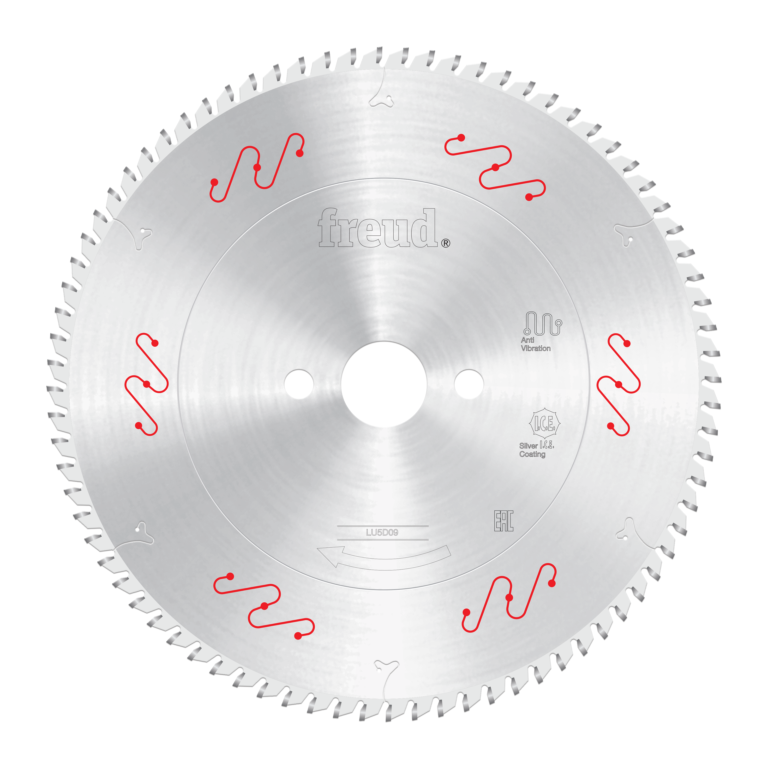 Circular saw blade with silver finish, small teeth around perimeter, central arbor hole, and red wavy pattern markings.