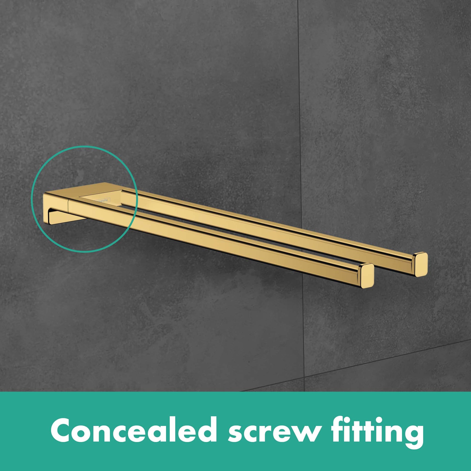 Dual horizontal towel bars in brushed bronze finish mounted on gray tile wall with concealed screw fitting.