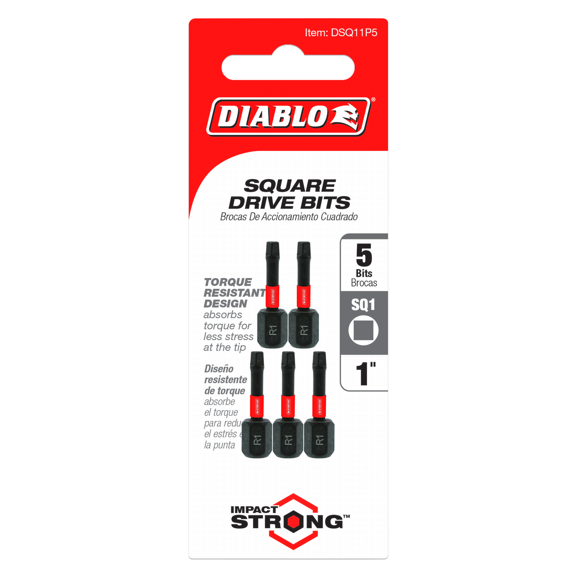 Five black and red 1-inch #1 square drive bits displayed on red and white Diablo packaging card.