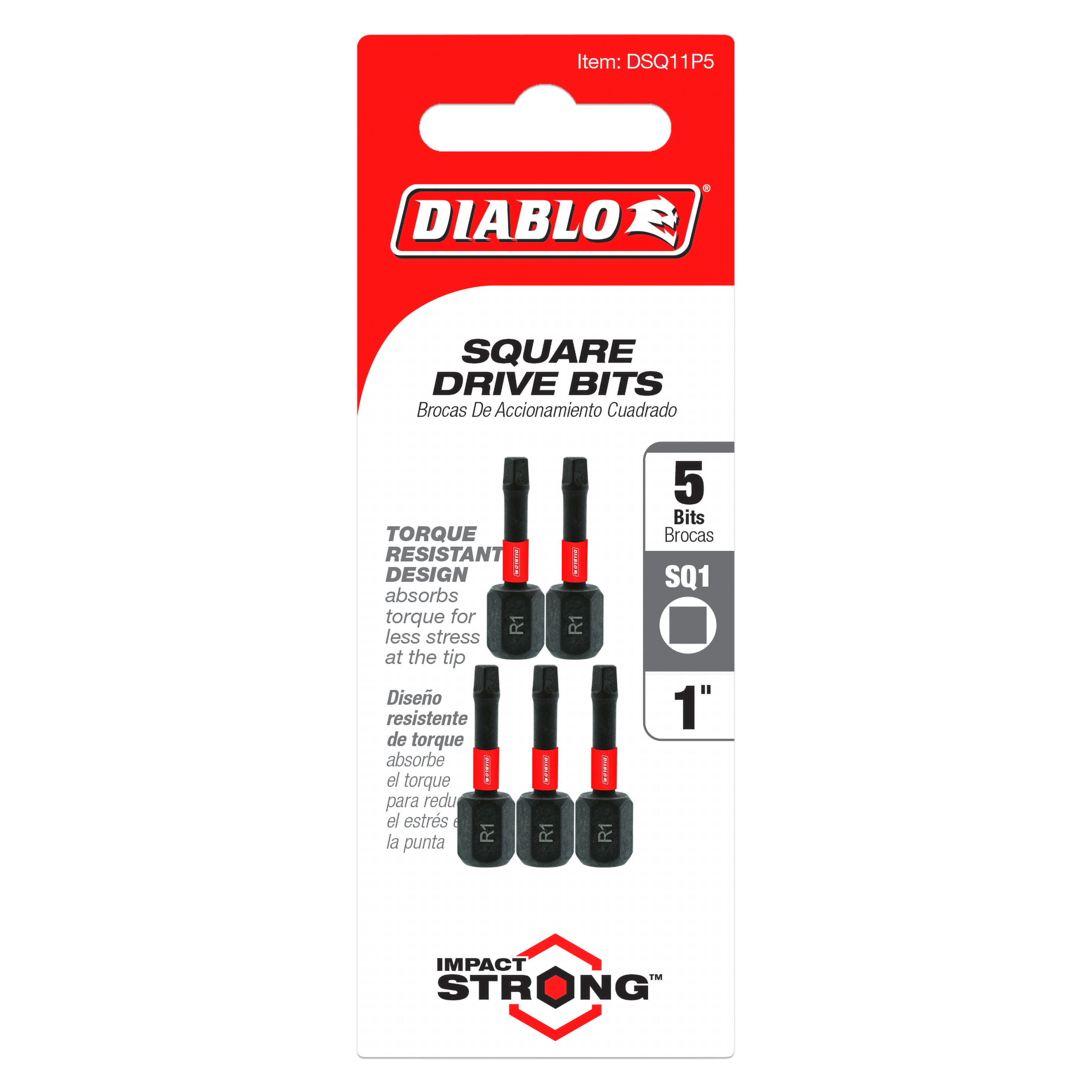 Five black and red 1-inch #1 square drive bits displayed on red and white Diablo packaging card.