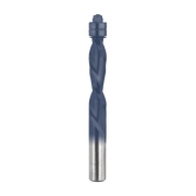 Blue and silver spiral router bit with cylindrical shank and tapered cutting head.