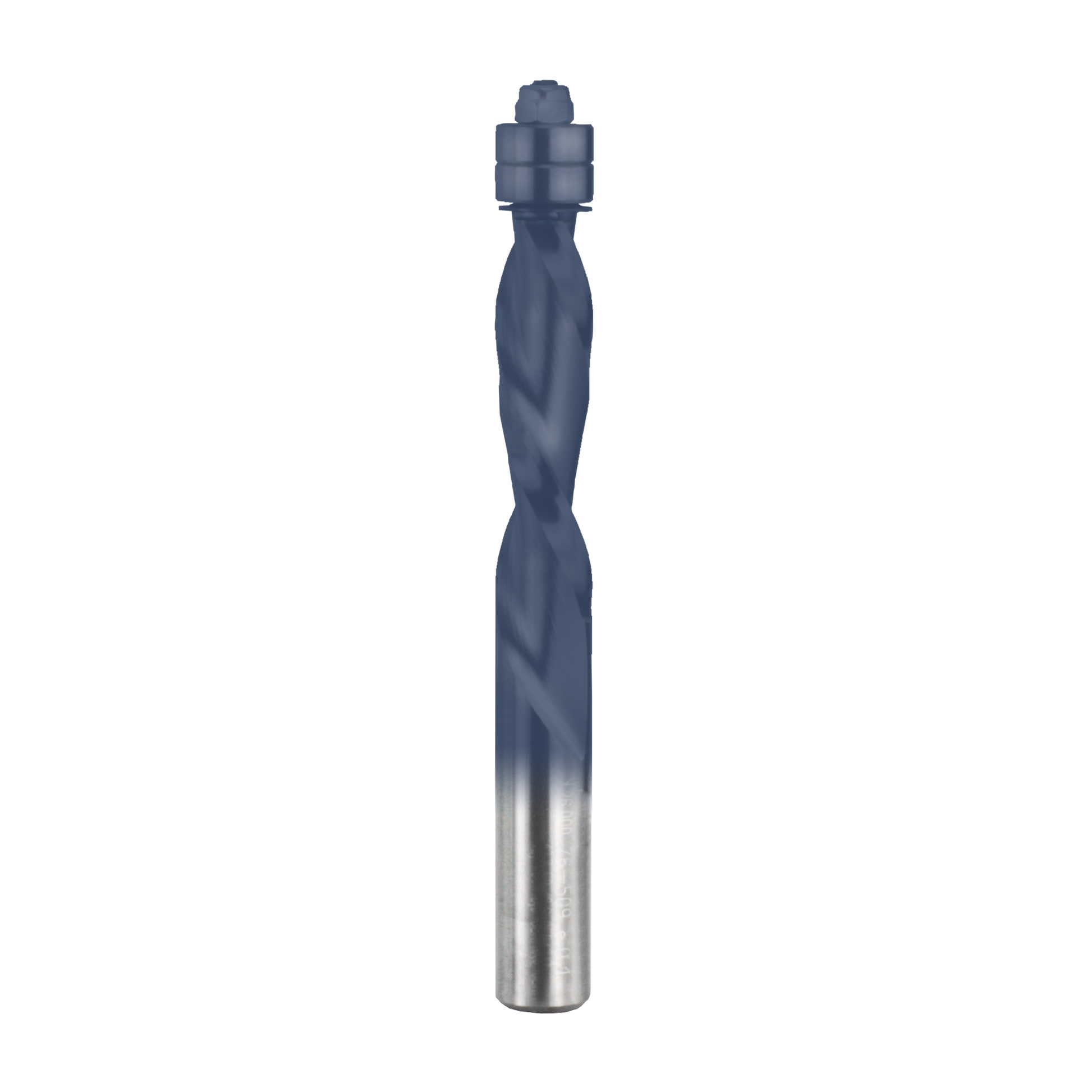 Blue and silver spiral router bit with cylindrical shank and tapered cutting head.