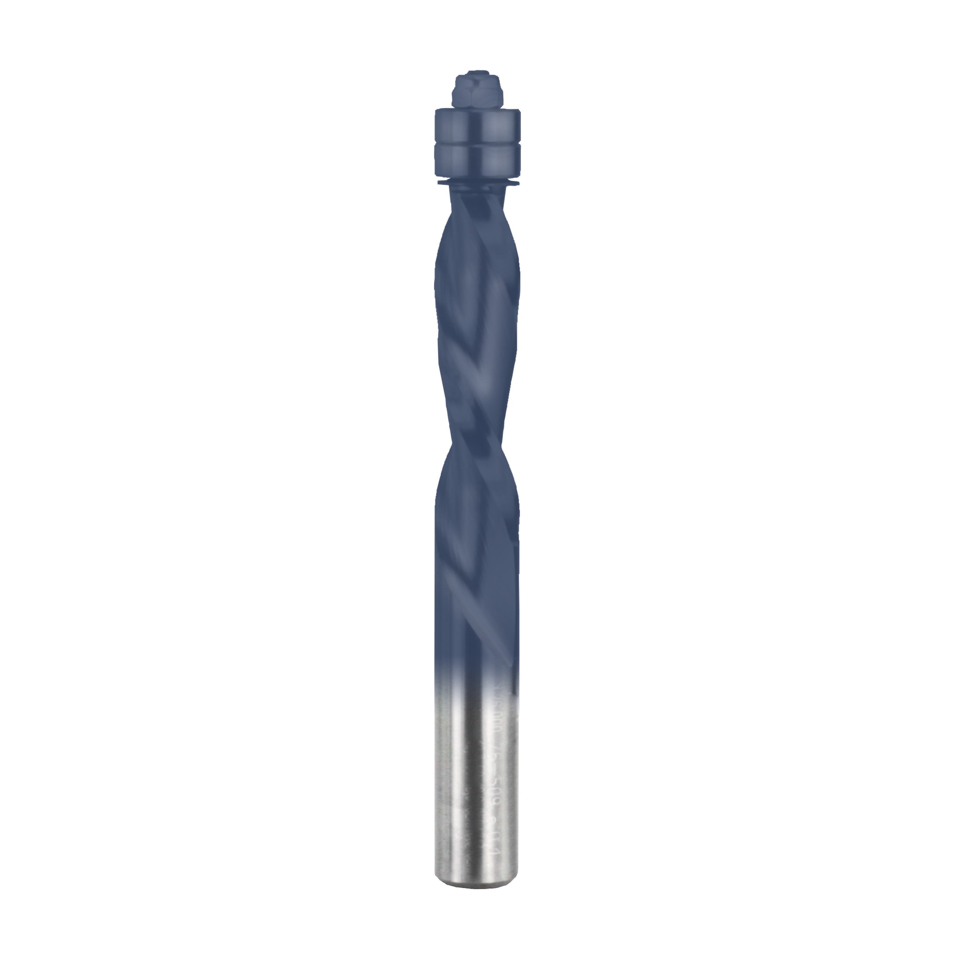 Blue and silver spiral router bit with cylindrical shank and tapered cutting head.