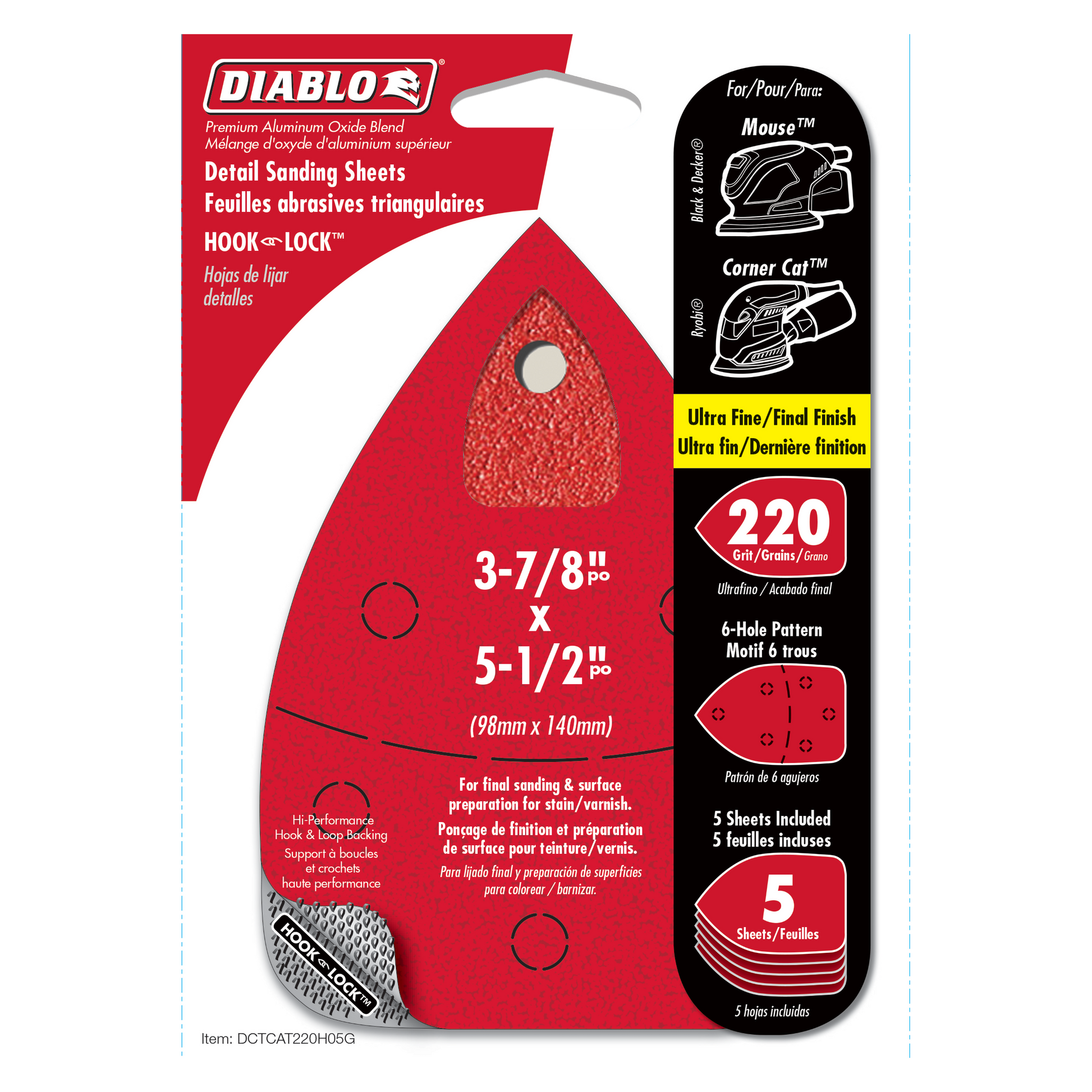 Five red triangular sanding sheets with hook and lock backing, 220 grit, for detail sanders.