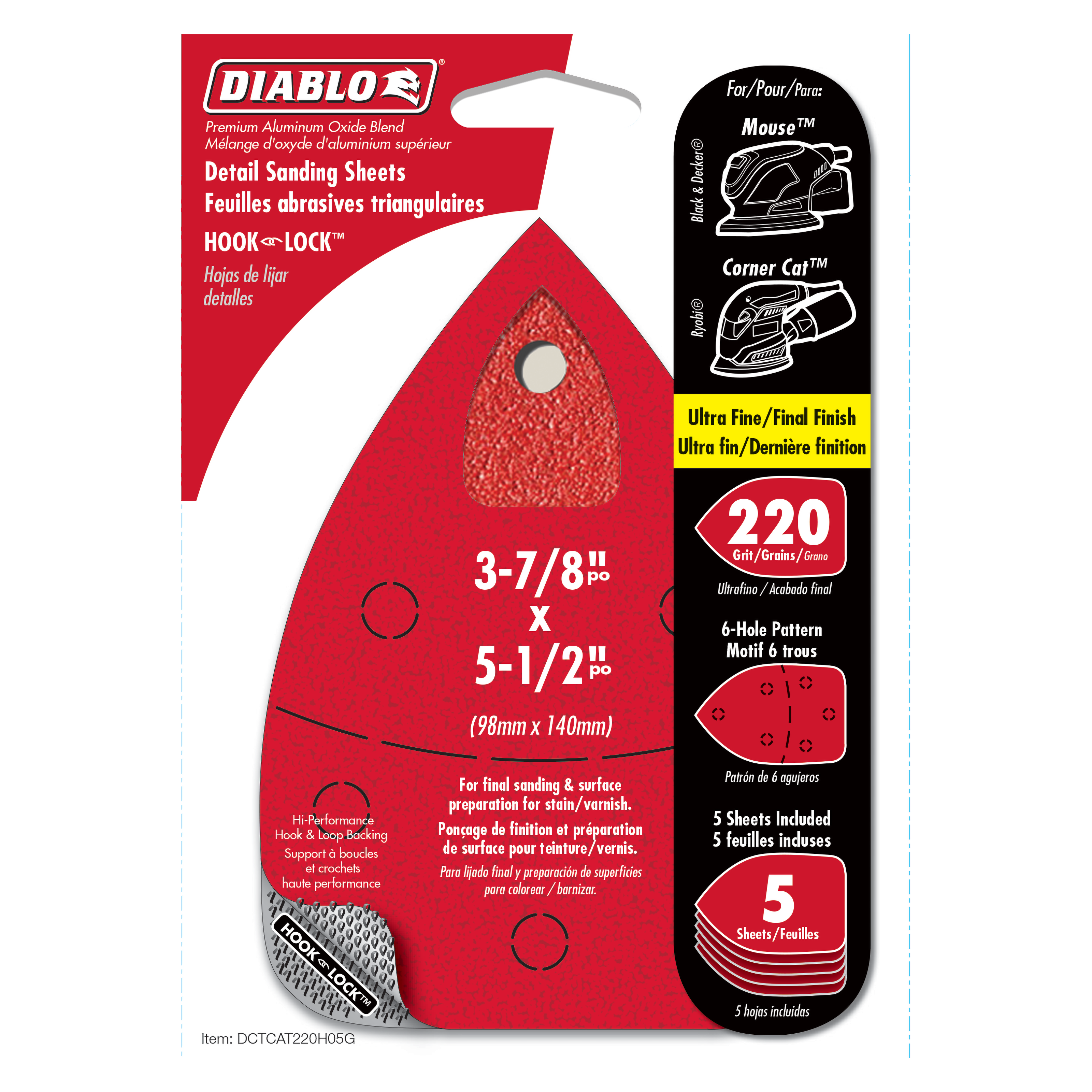 Five red triangular sanding sheets with hook and lock backing, 220 grit, for detail sanders.