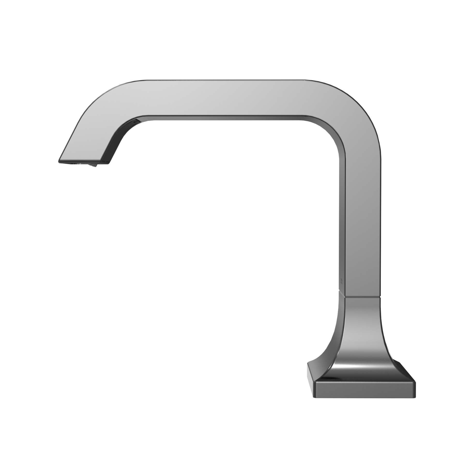 Polished chrome touchless bathroom faucet with curved spout and square base.