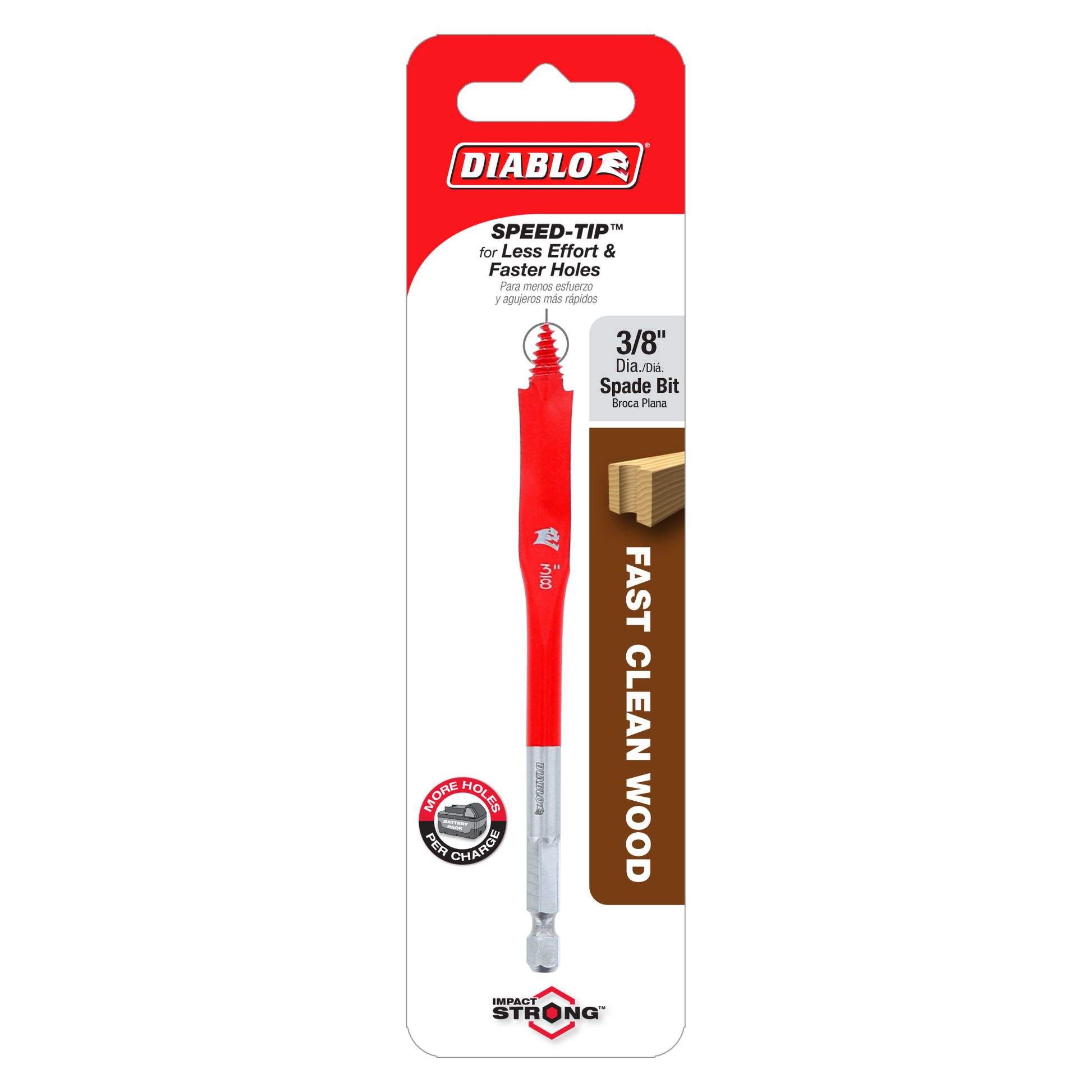 Diablo 3/8" spade bit with red shaft and gray hex shank on red and white packaging card.