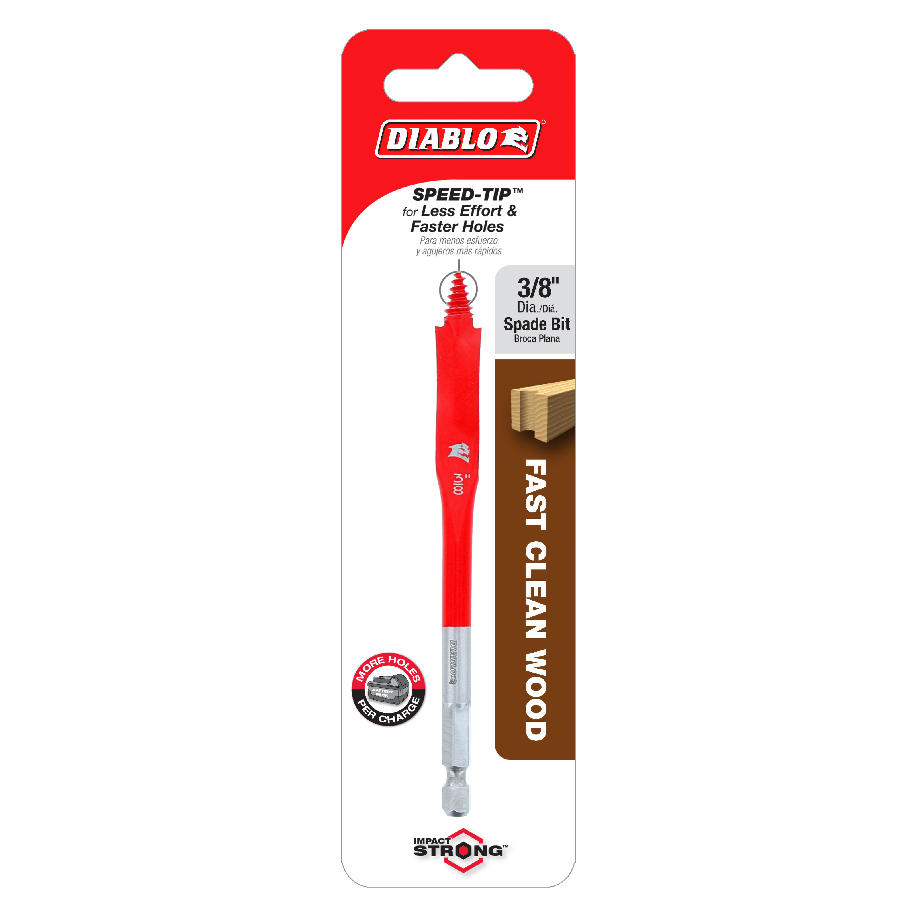 Diablo 3/8" spade bit with red shaft and gray hex shank on red and white packaging card.