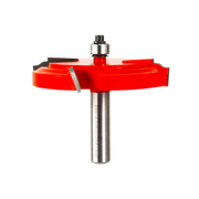 Brick molding router bit with red cutting head, metal shaft, and bearing collar on white background.