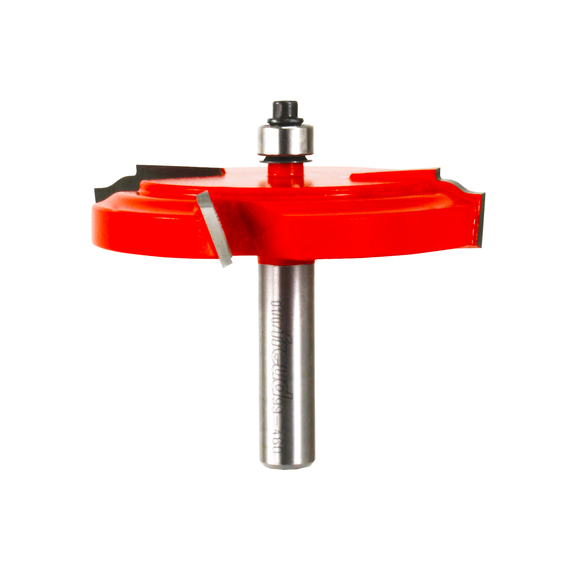 Brick molding router bit with red cutting head, metal shaft, and bearing collar on white background.