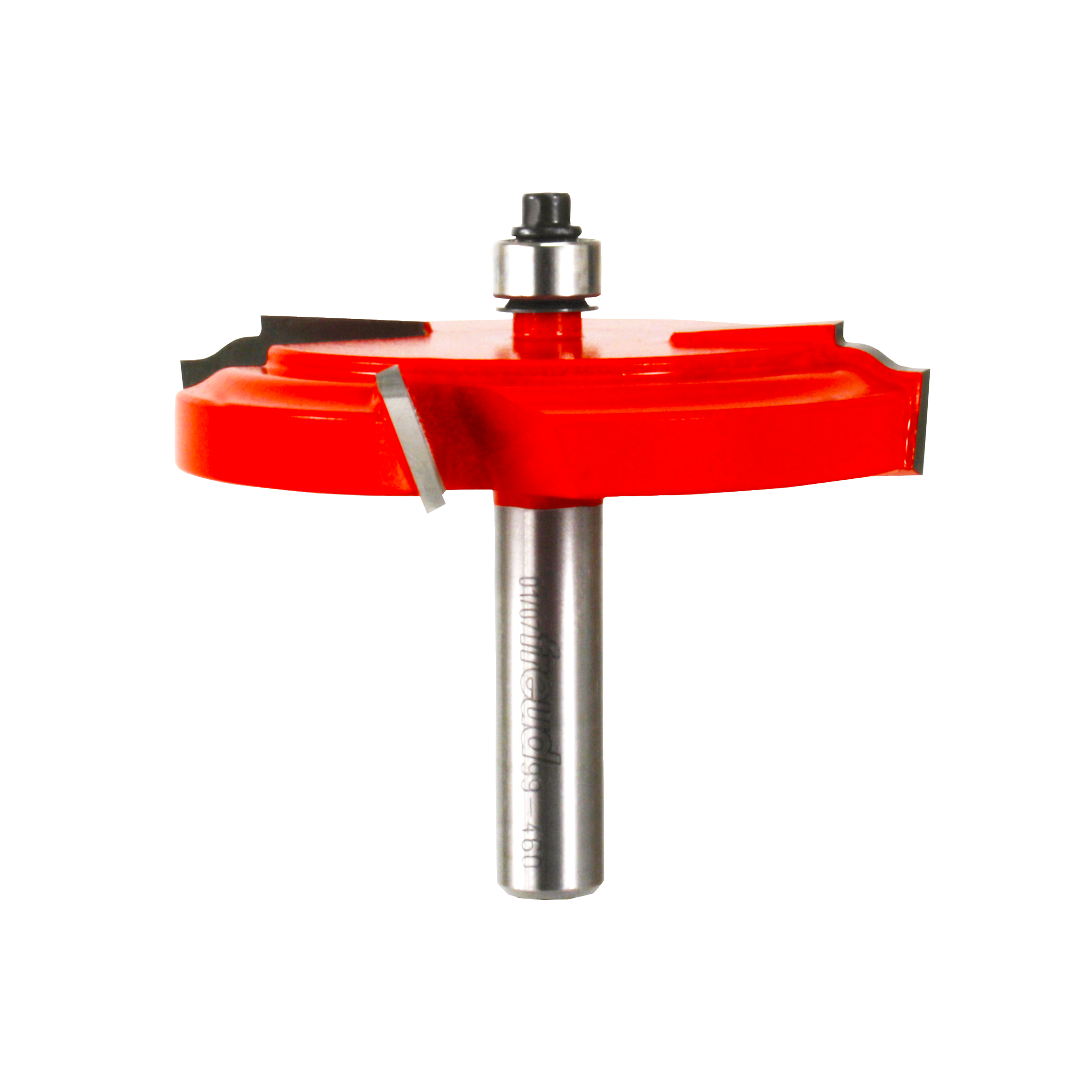 Brick molding router bit with red cutting head, metal shaft, and bearing collar on white background.
