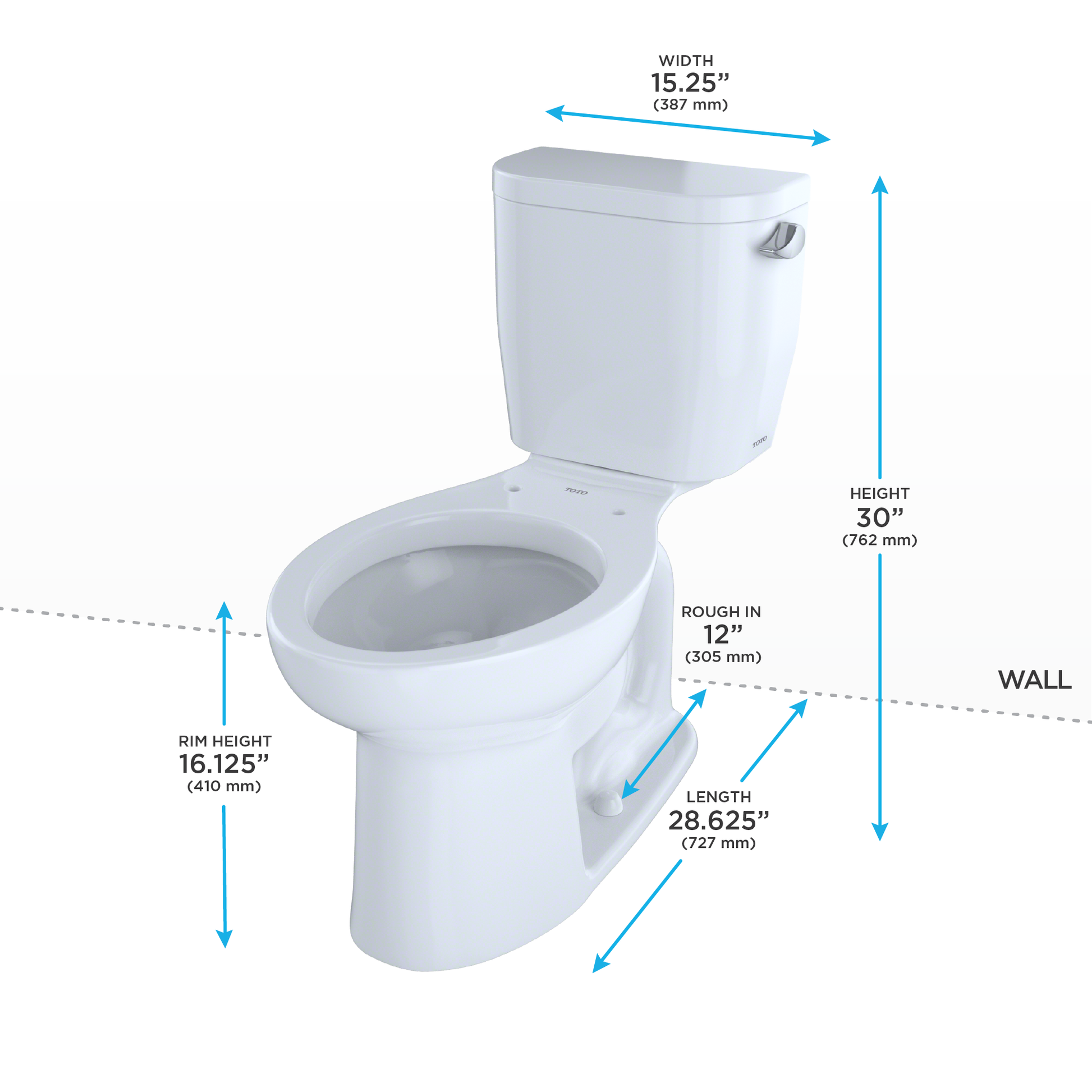 Cotton white two-piece elongated toilet with right-hand lever and specifications labeled: 15.25" width, 28.625" length, 30" h