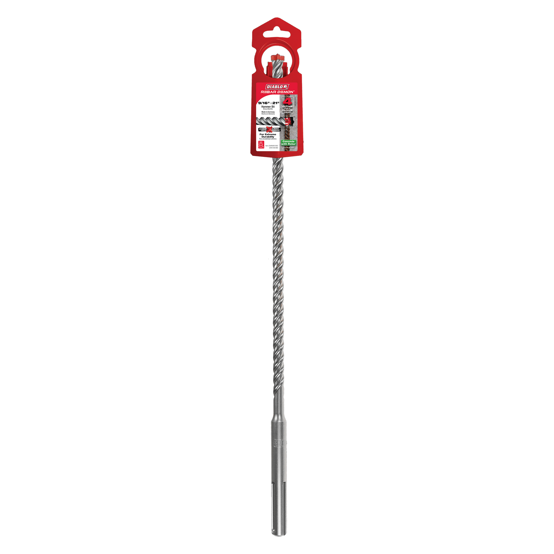 Diablo SDS-Max hammer drill bit with carbide head, twisted flute shaft, and red packaging card attached at top.