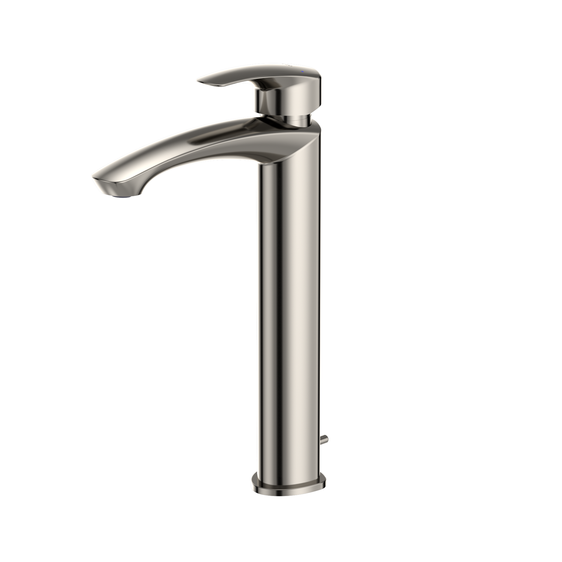 Polished nickel single-handle vessel sink faucet with curved spout and tall cylindrical body.