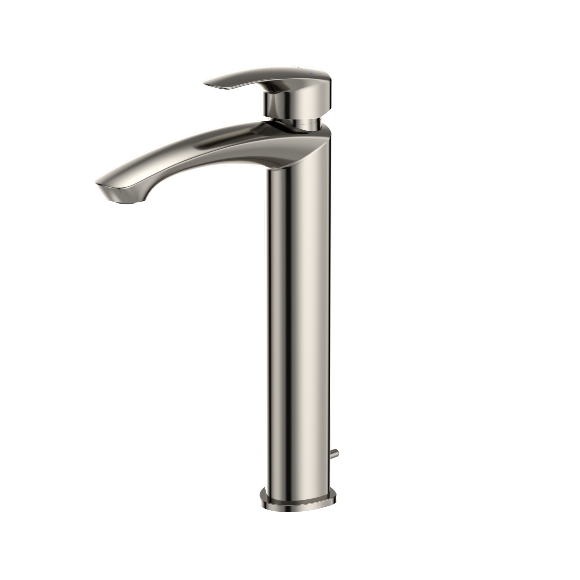 Polished nickel single-handle vessel sink faucet with curved spout and tall cylindrical body.
