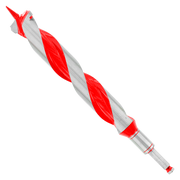 Red and gray spiral auger bit with pointed tip and cylindrical shank, displayed diagonally.