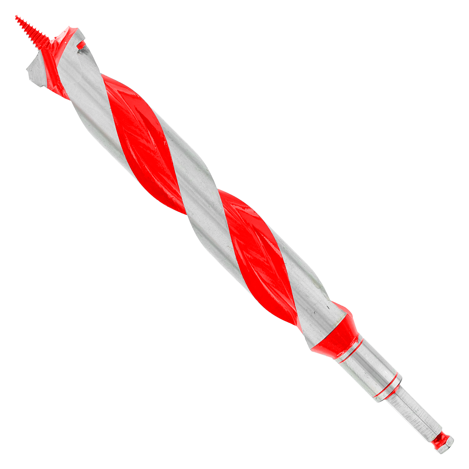 Red and gray spiral auger bit with pointed tip and cylindrical shank, displayed diagonally.
