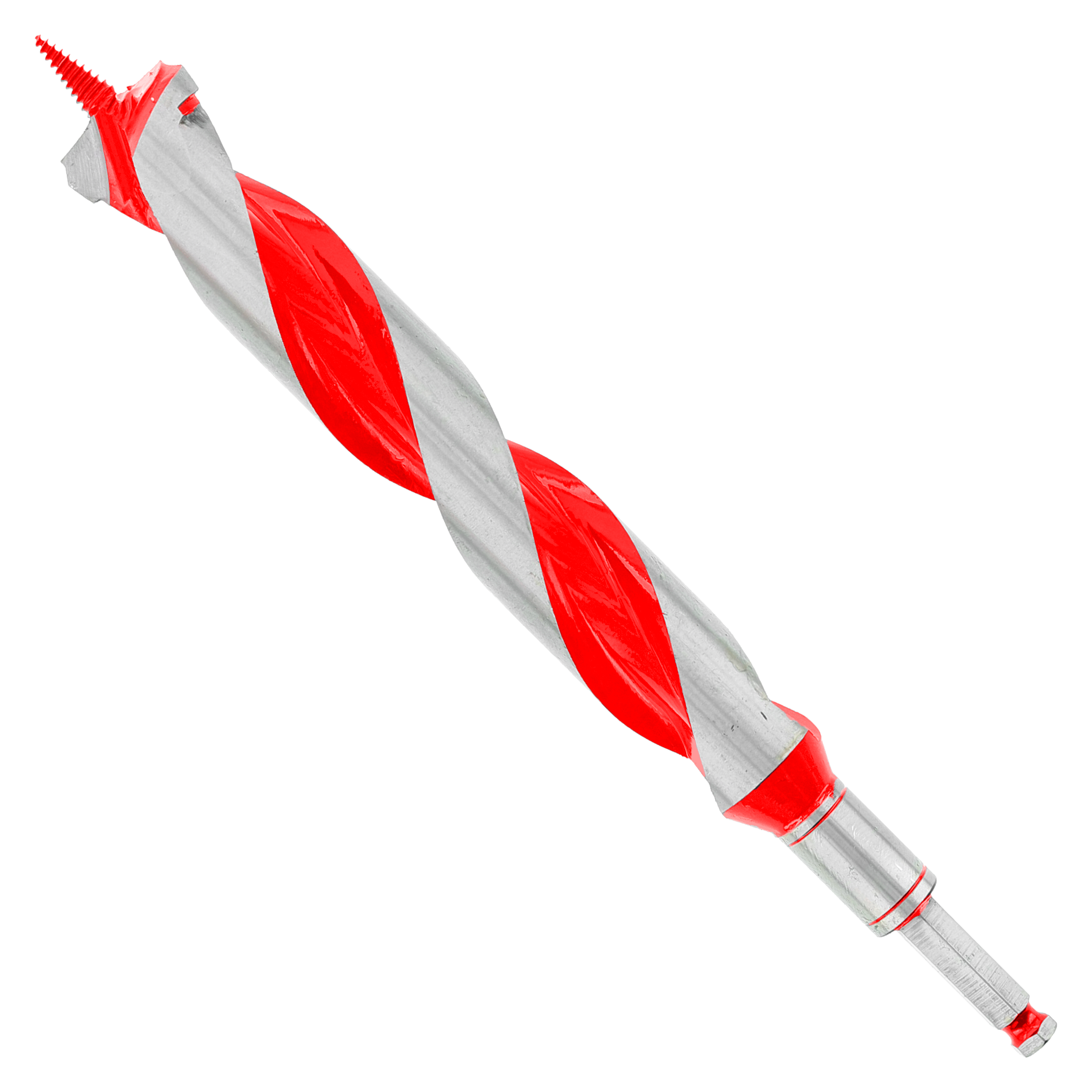 Red and gray spiral auger bit with pointed tip and cylindrical shank, displayed diagonally.