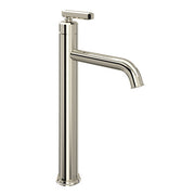 Polished nickel single-handle tall lavatory faucet with curved spout and lever handle.