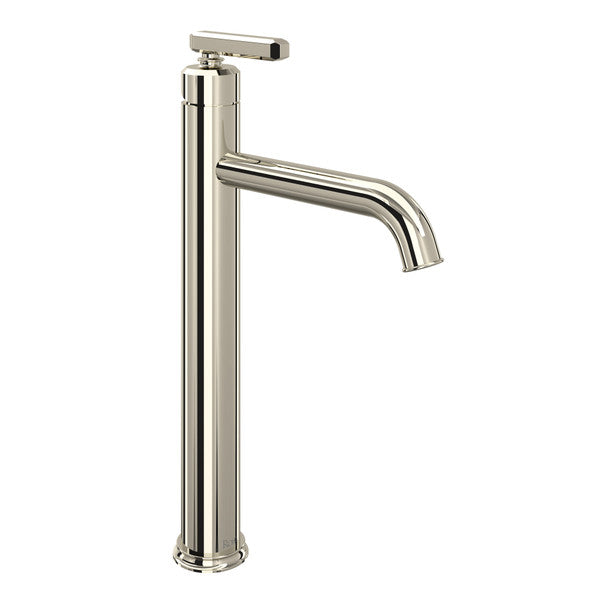 Polished nickel single-handle tall lavatory faucet with curved spout and lever handle.