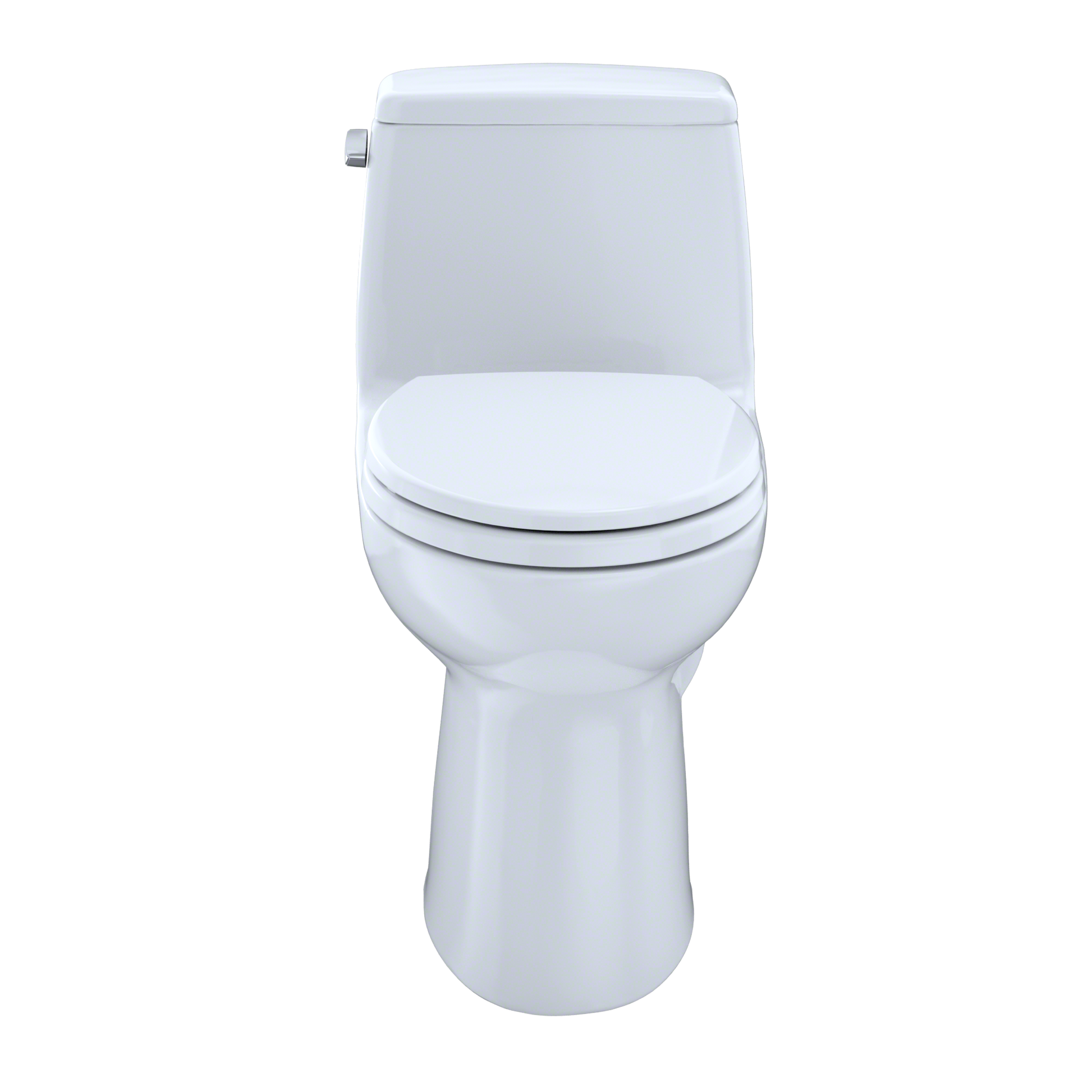 White one-piece elongated toilet with closed soft-close seat and tank against white background.