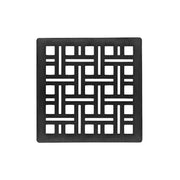 Matte black square drain cover with geometric grid pattern cutouts and center drain opening.