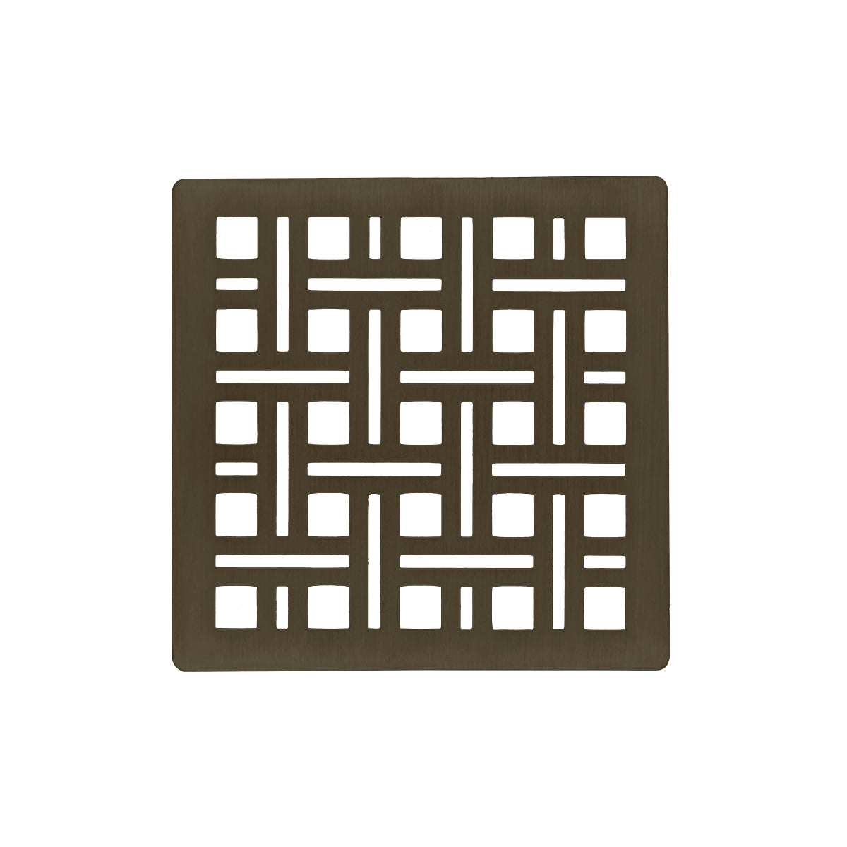 Square oil rubbed bronze drain cover with geometric cutout pattern and center opening.